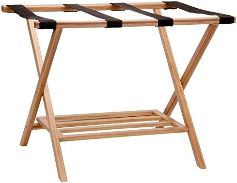 Household Essentials Fully Assembled Folding Luggage Rack With Lower Storage Shelf | Bamboo Frame With Black Straps, Brown 8 Household Essentials Fully Assembled Folding Luggage Rack With Lower Storage Shelf | Bamboo Frame With Black Straps, Brown - Image 8
