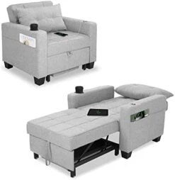 DURASPACE Futon Sofa Bed, 3 In 1 Convertible Sofa Chair Bed, Adjustable Backrest Chair, Chaise Lounge With USB Ports, Cup Holder, Side Pocket, Storage Box For Living Room (Dark Gray Linen) -Songmics Furniture Shop 41370P7wPzL. AC