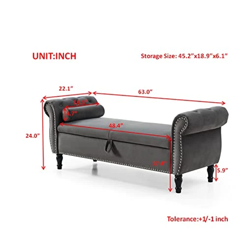 LUCKHAO Storage Bench For Bedroom End Of Bed, 63" Long Velvet Tufted Upholstered Storage Ottoman Bench For Bedroom, Rolled Arm Nailhead Trim With Pillow(Grey) 2 LUCKHAO Storage Bench For Bedroom End Of Bed, 63" Long Velvet Tufted Upholstered Storage Ottoman Bench For Bedroom, Rolled Arm Nailhead Trim With Pillow(Grey) - Image 2