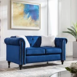 3-Piece Velvet Upholstered Living Room Furniture Set, Including 3-Seater Sofa, Loveseat And Single Sofa Chair With Button And Copper Nail On Arms And Back, Five White Villose Pillows Included, Blue -Songmics Furniture Shop 413IKFFrTHL