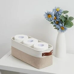 DULLEMELO 2-Pack Bathroom Baskets For Toilet, Small Storage Bins For Organizing Closets, Cabinets, Shelves, Canvas Fabric Storage Basket Bins With Leather Handles For Empty Gift Basket (White&Khaki) -Songmics Furniture Shop 413KUljxnzL