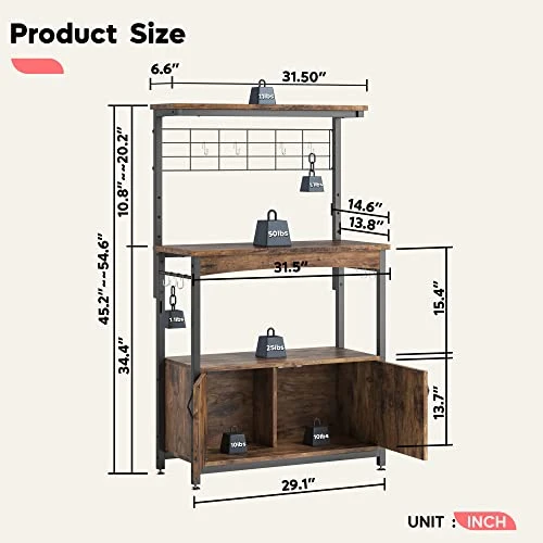Bestier Bakers Racks With Storage Cabinet, Height-Adjustable 45" To 55" Microwave Stand For Kitchen With Wheels & Feet, Industrial Rolling Coffee Bar Shelf With 10 S-Hooks Rustic Brown 6 Bestier Bakers Racks With Storage Cabinet, Height-Adjustable 45" To 55" Microwave Stand For Kitchen With Wheels & Feet, Industrial Rolling Coffee Bar Shelf With 10 S-Hooks Rustic Brown - Image 6