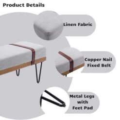 HEAH-YO Modern Indoor Bench, 18” Seat Height Entryway Bench With PU Leather Strap And Metal Legs, Linen Footstool And Ottoman For Living Room Bedroom, Gray -Songmics Furniture Shop 413OYmYgAOL