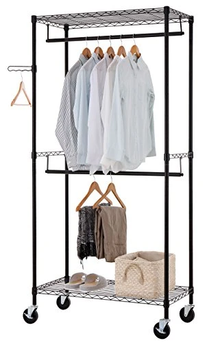 Finnhomy Heavy Duty Rolling Garment Rack Clothes Rack With Double Hanger Rods And Shelves, Portable Closet Organizer With Wheels, 1'' Diameter Thicken Steel Tube Hold Up To 300Lbs, Black 2 Finnhomy Heavy Duty Rolling Garment Rack Clothes Rack With Double Hanger Rods And Shelves, Portable Closet Organizer With Wheels, 1'' Diameter Thicken Steel Tube Hold Up To 300Lbs, Black - Image 2