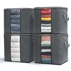 90L Large Capacity 4 Pack Clothes Storage Bag, Storage Bins For Clothes, Closet Organizers And Storage Containers For Blanket Bedding Comforter, Thick Fabric With Reinforced Handles, Zipper, Clear Window