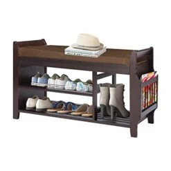 Bamboo Shoe Bench Entryway With Storage,FURFIMU Entryway Bench, Bench With Storage Basket,Bamboo Bench Removable Brown Cushion,2-Tier Entryway Shoe Storage With Umbrella Stand,Living Room Or Hallway-L