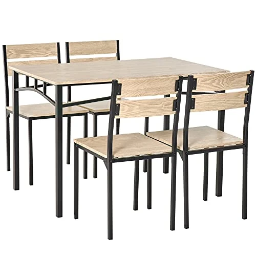HOMCOM Rustic Industrial 5-Piece Dining Table Set Black Metal With 4 Chairs For Kitchen, Or Dining Room, Oak 1 HOMCOM Rustic Industrial 5-Piece Dining Table Set Black Metal With 4 Chairs For Kitchen, Or Dining Room, Oak