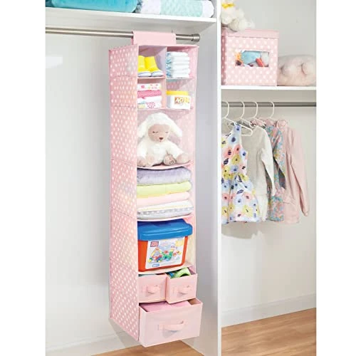 MDesign Fabric Hanging Organizer - Over Closet Rod Storage With 7 Shelves And 3 Removable Drawers For Baby Nursery Bedroom Organization - Hold Clothes, Linens, Toys, Accessories - Pink/White Polka Dot 1 MDesign Fabric Hanging Organizer - Over Closet Rod Storage With 7 Shelves And 3 Removable Drawers For Baby Nursery Bedroom Organization - Hold Clothes, Linens, Toys, Accessories - Pink/White Polka Dot