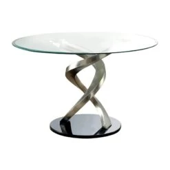 BOWERY HILL 48" Round Glass Top Modern Pedestal Base Dining Table In Chrome Satin