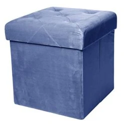 Red Co. Square Luxury Storage Ottoman With Padded Seat, Upholstered Collapsible Folding Bench & Foot Rest, Velvet Navy, 15 Inches