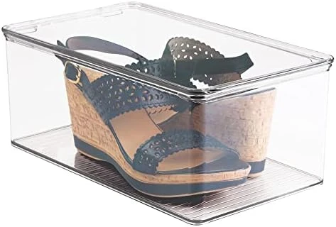 MDesign Stackable Plastic Closet Storage Container Bin Box With Hinge Lid For Organizing Shoes, Booties, Pumps, Sandals, Wedges, Flats, Heels - Lumiere Collection - Clear 7 MDesign Stackable Plastic Closet Storage Container Bin Box With Hinge Lid For Organizing Shoes, Booties, Pumps, Sandals, Wedges, Flats, Heels - Lumiere Collection - Clear - Image 7