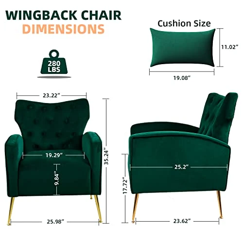 Sucrever Green Accent Chairs Set Of 2 With Armrests/Pillow, Upholstered Wingback Chair, Comfy Tufted Easy Stylish Velvet Accent Chair Set Of 2 For Bedroom Living Room Club And Fireplace 2 Sucrever Green Accent Chairs Set Of 2 With Armrests/Pillow, Upholstered Wingback Chair, Comfy Tufted Easy Stylish Velvet Accent Chair Set Of 2 For Bedroom Living Room Club And Fireplace - Image 2