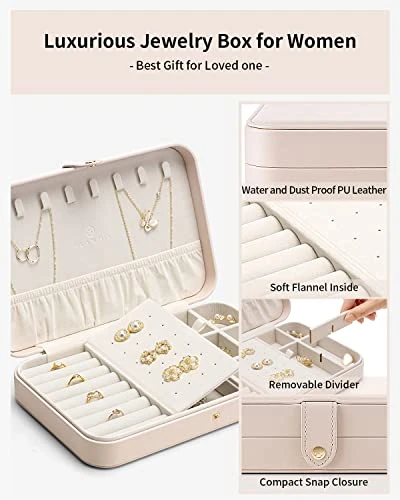 Vlando Travel Jewelry Case For Women - Portable Leather Jewelry Organizer Box For Necklace Earrings Ring Bracelet Small Size- Gifts For Teen, Girls, Moms And Daughters - Apricot White 2 Vlando Travel Jewelry Case For Women - Portable Leather Jewelry Organizer Box For Necklace Earrings Ring Bracelet Small Size- Gifts For Teen, Girls, Moms And Daughters - Apricot White - Image 2