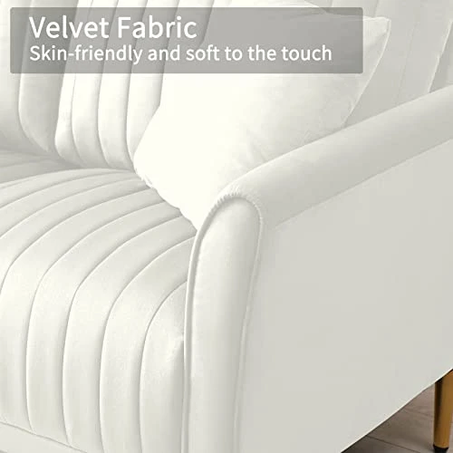 KIVENJAJA Velvet Loveseat Sofa, Channel Tufted 2-Seater Small Couch, Modern Love Seat With 2 Pillows For Living Room Bedroom Apartment, 55”W (Beige) 3 KIVENJAJA Velvet Loveseat Sofa, Channel Tufted 2-Seater Small Couch, Modern Love Seat With 2 Pillows For Living Room Bedroom Apartment, 55”W (Beige) - Image 3