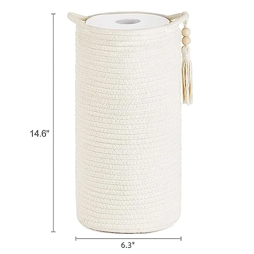 Mkono Woven Toilet Paper Holder Boho Basket For Toilet Paper Storage, Bathroom Decor Toilet Roll Holder Stand With Wooden Beads For 3 Spare Rolls, Cotton Rope Toilet Paper Organizer Basket With Handle 3 Mkono Woven Toilet Paper Holder Boho Basket For Toilet Paper Storage, Bathroom Decor Toilet Roll Holder Stand With Wooden Beads For 3 Spare Rolls, Cotton Rope Toilet Paper Organizer Basket With Handle - Image 3