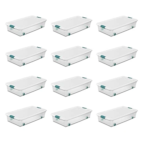 Sterilite 56 Quart Latching Stackable Under Bed Or Closet Storage Box Container Bins With Secure Lid And Wheels, Clear (12 Pack) 1 Sterilite 56 Quart Latching Stackable Under Bed Or Closet Storage Box Container Bins With Secure Lid And Wheels, Clear (12 Pack)