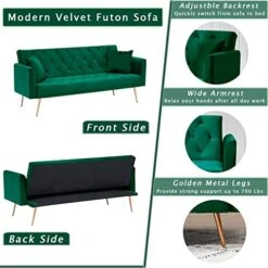 KINFFICT Velvet Futon Sofa Bed With 2 Pillows, Convertible Sleeper Sofa Couch With 3 Angle Adjustable Backrest, Modern Loveseat With 4 Golden Metal Legs For Living Room And Bedroom (Green) 11 KINFFICT Velvet Futon Sofa Bed With 2 Pillows, Convertible Sleeper Sofa Couch With 3 Angle Adjustable Backrest, Modern Loveseat With 4 Golden Metal Legs For Living Room And Bedroom (Green) -Songmics Furniture Shop 414k1sEQYXL