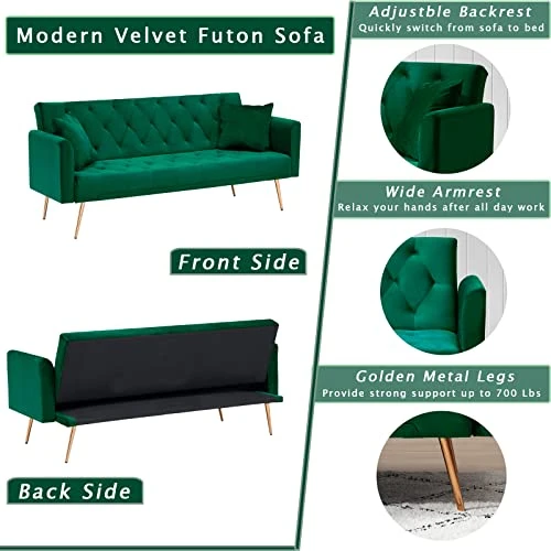 KINFFICT Velvet Futon Sofa Bed With 2 Pillows, Convertible Sleeper Sofa Couch With 3 Angle Adjustable Backrest, Modern Loveseat With 4 Golden Metal Legs For Living Room And Bedroom (Green) 3 KINFFICT Velvet Futon Sofa Bed With 2 Pillows, Convertible Sleeper Sofa Couch With 3 Angle Adjustable Backrest, Modern Loveseat With 4 Golden Metal Legs For Living Room And Bedroom (Green) - Image 3