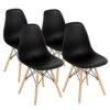 GOFLAME DSW Dining Chairs, Shell Plastic Chairs With Wood Legs, Modern Style Armless Chairs For Living Room Kitchen Bedroom, Eiffel DSW Style Side Chairs With Ergonomic Backrest Set Of 4, Black