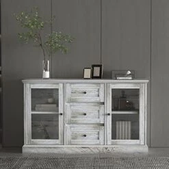 Furduzz Kitchen Sideboard 52” Buffet Cabinet With Glass Doors, 3 Drawers And Display Shelves,Wooden Coffee Bar Cupboard Server Console Table Floor Cabinet For Home Dining Room Living Room Storage,Gray -Songmics Furniture Shop 414yElMOSML. AC