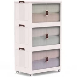 WestonBasics Stackable Plastic Storage Bins With Wheels | Folding Storage Box With Safety Latch Doors | Collapsible Storage Bins With Lids For Organizing Home Items | Cream - 3 Pack - 25 Gallon