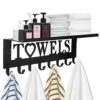 Towel Rack With Metal Shelf For Bathroom Wall Mounted Towel Holder With Hooks Towel Hanger Towel Storage Wall Decor For Bedroom, Living Room, Kitchen (8 Hooks, Black)