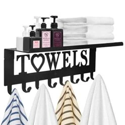 Towel Rack With Metal Shelf For Bathroom Wall Mounted Towel Holder With Hooks Towel Hanger Towel Storage Wall Decor For Bedroom, Living Room, Kitchen (8 Hooks, Black)
