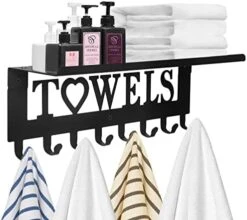 Towel Rack With Metal Shelf For Bathroom Wall Mounted Towel Holder With Hooks Towel Hanger Towel Storage Wall Decor For Bedroom, Living Room, Kitchen (8 Hooks, Black) -Songmics Furniture Shop 4151H2Qu4mL. AC