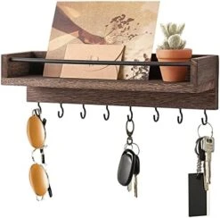 Mkono Key Holder For Wall, 9.5" X 3.5" X 2.5" Small Rustic Wood Floating Shelf With 6 Hooks Decorative Display Key Hanger For Living Room, Entryway, Bedroom, Bathroom,Office, Home Decor -Songmics Furniture Shop 4155a5MgMyL. AC