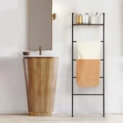 Blanket Ladder Wall Leaning Blanket Rack 5-Tier Farmhouse Ladder Shelf Decor Bath Towel Storage Shelf Rack For Bathroom Bedroom Laundry Room Living Room Metal Black+Rustic Brown -Songmics Furniture Shop 415J8aHKwOL 1