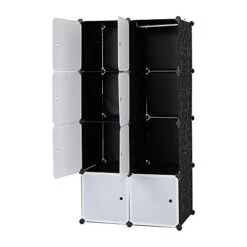 Portable Wardrobe Closet, Modular Plastic Clothes Storage Cabinet Chest W/ Doors, Organizer Cube DIY Bookshelf Combination Armoire For Bedroom, Living Room, Black (8-Cube & 1 Hanging Section)