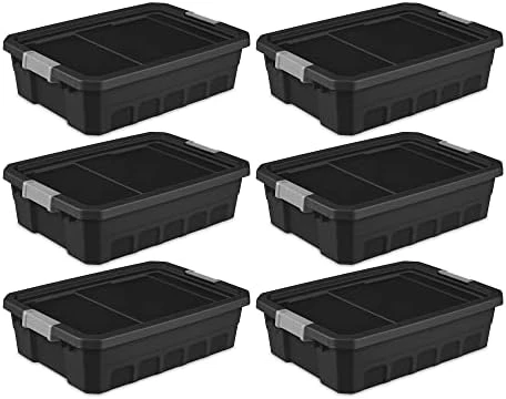 Sterilite 7.5 Gallon Stackable Rugged Industrial Storage Tote Containers With Gray Latching Clip Lids For Garage, Attic, Or Worksite, Black (6 Pack) 5 Sterilite 7.5 Gallon Stackable Rugged Industrial Storage Tote Containers With Gray Latching Clip Lids For Garage, Attic, Or Worksite, Black (6 Pack) - Image 5