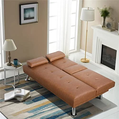JAHH Faux Leather Futon Multifunctional Convertible Folding Bed Sofa With Cupholders Pillows 2 JAHH Faux Leather Futon Multifunctional Convertible Folding Bed Sofa With Cupholders Pillows - Image 2
