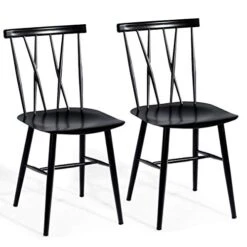 COSTWAY Dining Chair Set Of 2, Farmhouse Windsor Chairs Dining Room Chairs With Spindle Back And Sturdy Metal Construction, Wood Kitchen Side Chairs For Living Room Restaurant, Black (Height 17'')