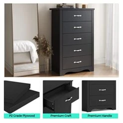 LINSY HOME 5 Drawer Chest, Black Dresser For Bedroom, Modern Dresser Tall Dresser, SGS Certified Wood Storage Chest Of Drawers For Nursery Kids Room Living Room -Songmics Furniture Shop 415i7Xq7w6L
