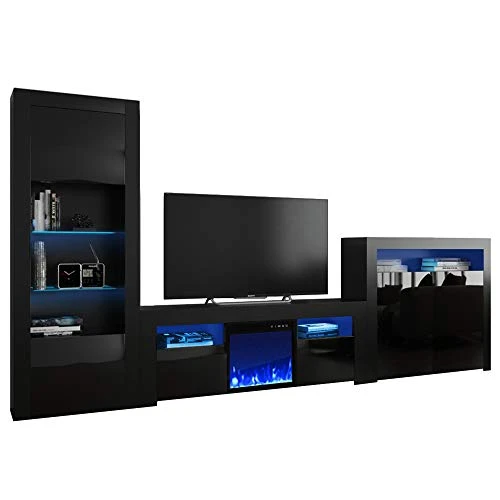 MEBLE FURNITURE & RUGS Milano Set 145EF-BK-2D Electric Fireplace Modern Wall Unit Entertainment Center 1 MEBLE FURNITURE & RUGS Milano Set 145EF-BK-2D Electric Fireplace Modern Wall Unit Entertainment Center