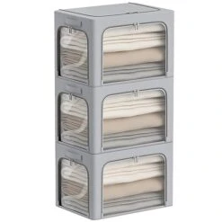 3Pack Clothes Storage Bins - Oxford Frame Storage Box Foldable Stackable Storage Organizer With 3 Openings Design, Metal Frame, Clear Window, Carry Handles (66L-19.7 * 15.7 * 13, Grey)