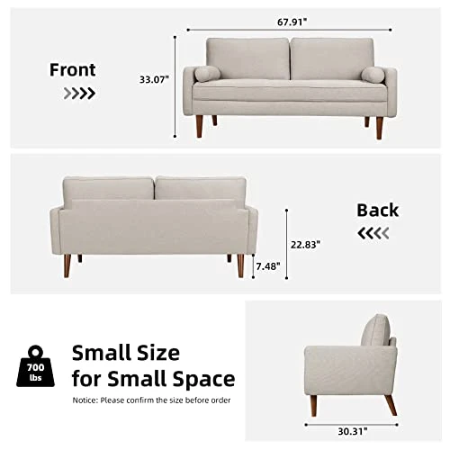 Koorlian Beige Small Couches, 68 Inch Fabric Loveseat Sofa, 2 Seater Couch For Small Space, Button Tufted Seat Cushion, Square Armrest, 2 Throw Pillows, Modern Sofa For Bedroon, Living Room, Apartment 2 Koorlian Beige Small Couches, 68 Inch Fabric Loveseat Sofa, 2 Seater Couch For Small Space, Button Tufted Seat Cushion, Square Armrest, 2 Throw Pillows, Modern Sofa For Bedroon, Living Room, Apartment - Image 2