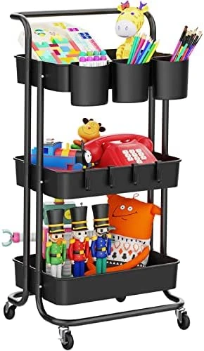 LEHOM 3-Tier Rolling Utility Cart With Hanging Cups & Hooks & Handle, Multifunctional Art Cart Organizer Storage With Wheels, Easy Assembly For Office, Bedroom, Kitchen, Bathroom, Laundry (White) 7 LEHOM 3-Tier Rolling Utility Cart With Hanging Cups & Hooks & Handle, Multifunctional Art Cart Organizer Storage With Wheels, Easy Assembly For Office, Bedroom, Kitchen, Bathroom, Laundry (White) - Image 7