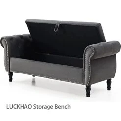 LUCKHAO Storage Bench For Bedroom End Of Bed, 63" Long Velvet Tufted Upholstered Storage Ottoman Bench For Bedroom, Rolled Arm Nailhead Trim With Pillow(Grey) 12 LUCKHAO Storage Bench For Bedroom End Of Bed, 63" Long Velvet Tufted Upholstered Storage Ottoman Bench For Bedroom, Rolled Arm Nailhead Trim With Pillow(Grey) -Songmics Furniture Shop 416JuqacsLL