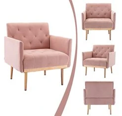 SLEERWAY Modern Velvet Single Sofa Chair, Upholstered Accent Living Room Chair, Comfy Armchair With Rose Golden Metal Legs, Tufted Chair For Reading Or Lounging (Pink) -Songmics Furniture Shop 416OK2xKXOS