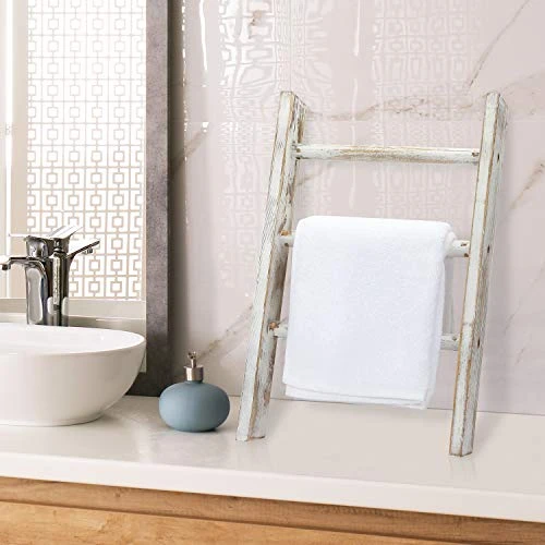 MyGift 16 Inch Rustic Whitewashed Wood Countertop Kitchen Towel Ladder With 3 Rungs, Farmhouse Bathroom Hand Towel Holder Rack 2 MyGift 16 Inch Rustic Whitewashed Wood Countertop Kitchen Towel Ladder With 3 Rungs, Farmhouse Bathroom Hand Towel Holder Rack - Image 2