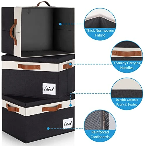 GhvyenntteS Large Storage Bins With Lids (3-Pack) Large Closet Storage Bins With Lid And 3 PU Handles, Foldable Fabric Storage Boxes With Label Window For Home Bedroom Office (Black, 15" X 11" X 9.7") 4 GhvyenntteS Large Storage Bins With Lids (3-Pack) Large Closet Storage Bins With Lid And 3 PU Handles, Foldable Fabric Storage Boxes With Label Window For Home Bedroom Office (Black, 15" X 11" X 9.7") - Image 4