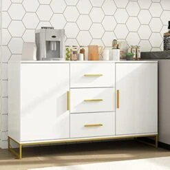 AIEGLE Sideboard Buffet Cabinet With 3 Drawers & 2 Doors, Kitchen Buffet Storage Cabinet Entryway Cupboard With Gold Metal Legs, Black (62.9" L X 15.7" W X 27.5" H) -Songmics Furniture Shop 416gzWQxJL. AC