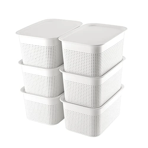 AREYZIN Plastic Storage Bins With Lid Set Of 6 Baskets For Organizing Container Lidded Organizer Shelves Drawers Desktop Closet Playroom Classroom Office, White 1 AREYZIN Plastic Storage Bins With Lid Set Of 6 Baskets For Organizing Container Lidded Organizer Shelves Drawers Desktop Closet Playroom Classroom Office, White
