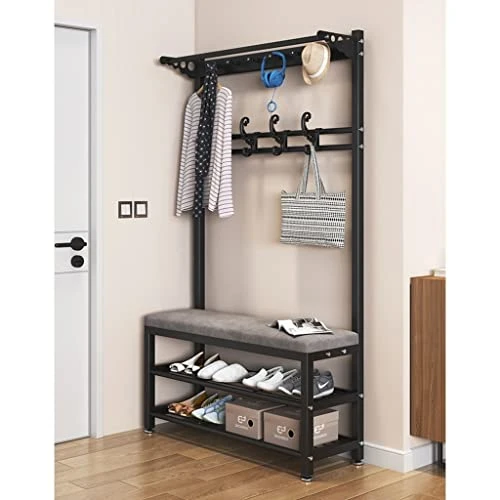 ILLESO Modern Entryway Hall Tree Coat Rack Shoe Storage Bench With 4 Movable Hooks Industrial Accent Furniture With Metal Frame Multifunctional Hallway Bench Easy Assembly 1 ILLESO Modern Entryway Hall Tree Coat Rack Shoe Storage Bench With 4 Movable Hooks Industrial Accent Furniture With Metal Frame Multifunctional Hallway Bench Easy Assembly