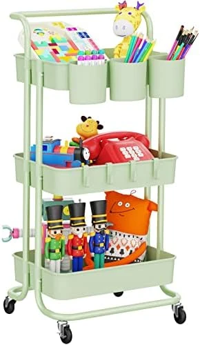 LEHOM 3-Tier Rolling Utility Cart With Hanging Cups & Hooks & Handle, Multifunctional Art Cart Organizer Storage With Wheels, Easy Assembly For Office, Bedroom, Kitchen, Bathroom, Laundry (White) 6 LEHOM 3-Tier Rolling Utility Cart With Hanging Cups & Hooks & Handle, Multifunctional Art Cart Organizer Storage With Wheels, Easy Assembly For Office, Bedroom, Kitchen, Bathroom, Laundry (White) - Image 6