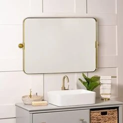 MOON MIRROR 24" X 36" Brushed Gold Metal Framed Pivot Rectangle Bathroom Mirror For Wall, Tilting Rounded Corner Rectangular Vanity Mirror Hangs Vertical Only -Songmics Furniture Shop 416vUYHWXjL. AC
