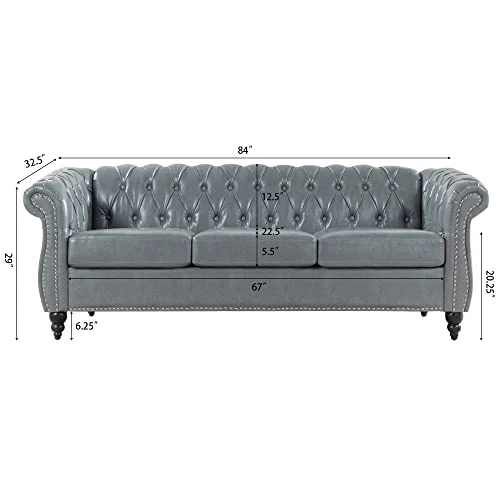 LEVNARY Chesterfield Sofa, Classic Tufted Upholstered Leather Couch, Modern 3 Seater Couch Furniture With Tufted Back For Living Room Office (Gray) 1 LEVNARY Chesterfield Sofa, Classic Tufted Upholstered Leather Couch, Modern 3 Seater Couch Furniture With Tufted Back For Living Room Office (Gray)