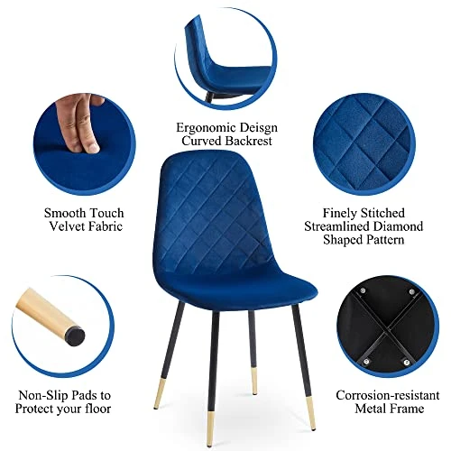 NORDICANA Velvet Dining Chairs Kitchen Solid Color Chair Upholstered Side Stools With Backrest Metal Legs Set Of 4, Navy Blue 6 NORDICANA Velvet Dining Chairs Kitchen Solid Color Chair Upholstered Side Stools With Backrest Metal Legs Set Of 4, Navy Blue - Image 6